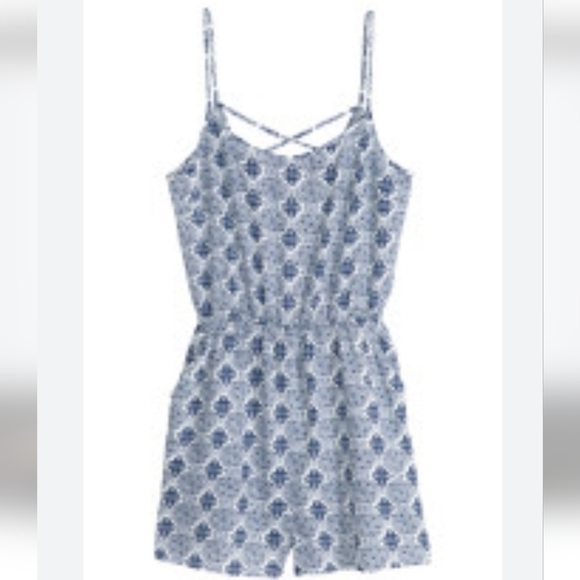 H&M Blue White Paisley Boho Romper Playsuit Size 8 - Picture 2 of 11